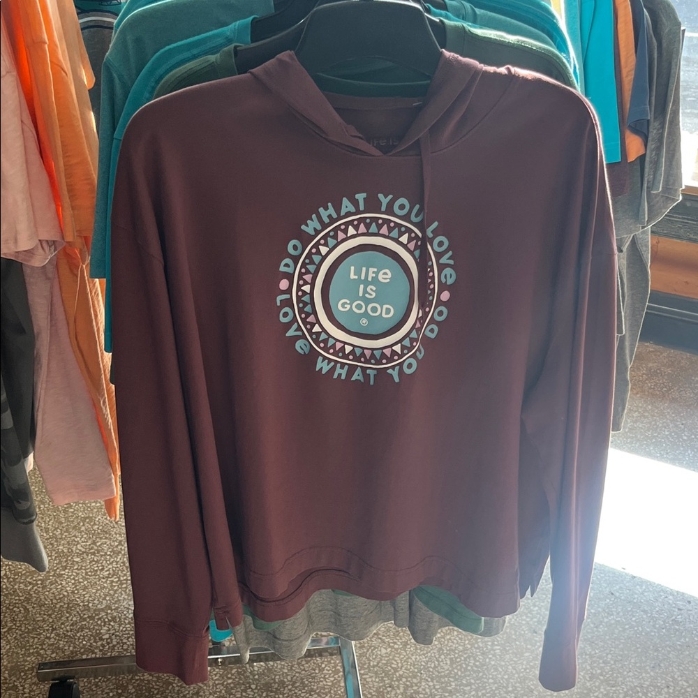 Life Is Good Burgundy Hoodie with Blue Graphic